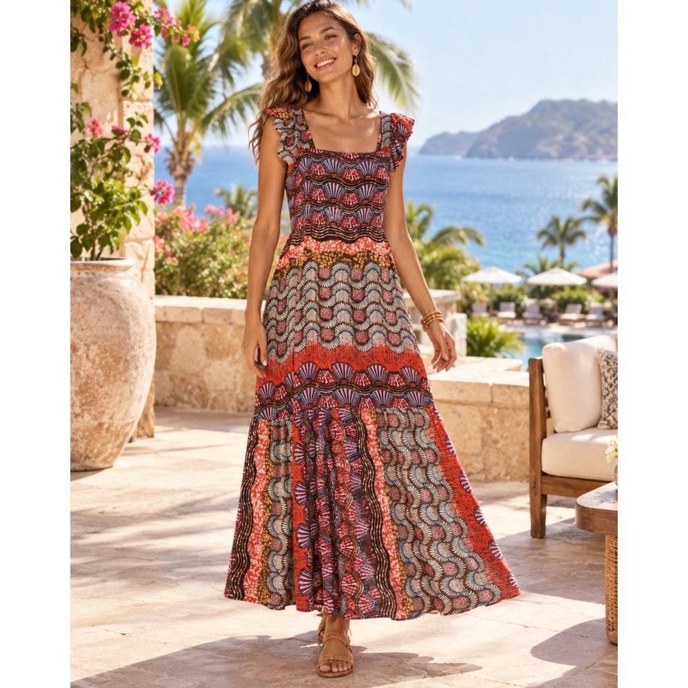 Anthropologie COREY LYNN CALTER Doriane Midi Dress Print Ruffled Abstract XS